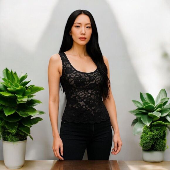 90s Y2K Vtg Tank Top Black Lace Nude Mesh Boho Fairy Grunge Whimsigoth Medium M - Picture 1 of 12